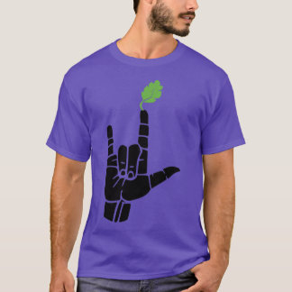 ILY sign plus green leaf ASL Sign Language Design T-Shirt