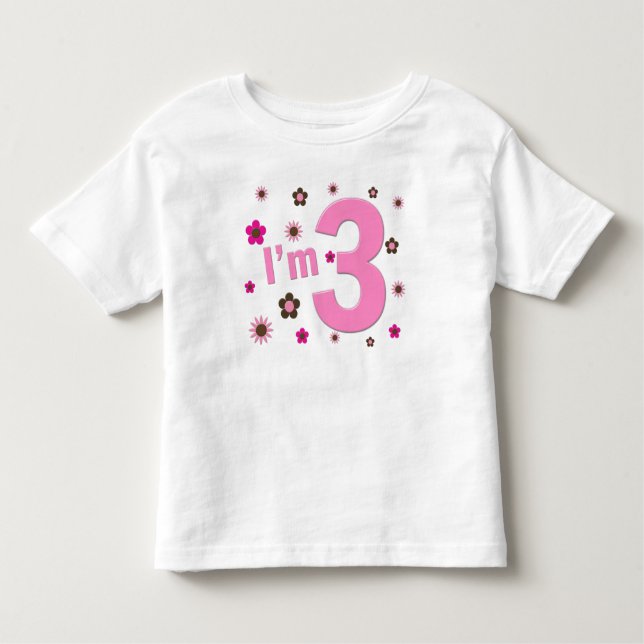 "I'm 3" Pink & Brown Flowers Toddler T-Shirt (Front)