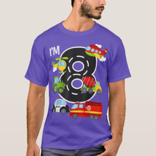 I'm 8 Birthday Boy 8th Bday Car Fire Truck Airplan T-Shirt