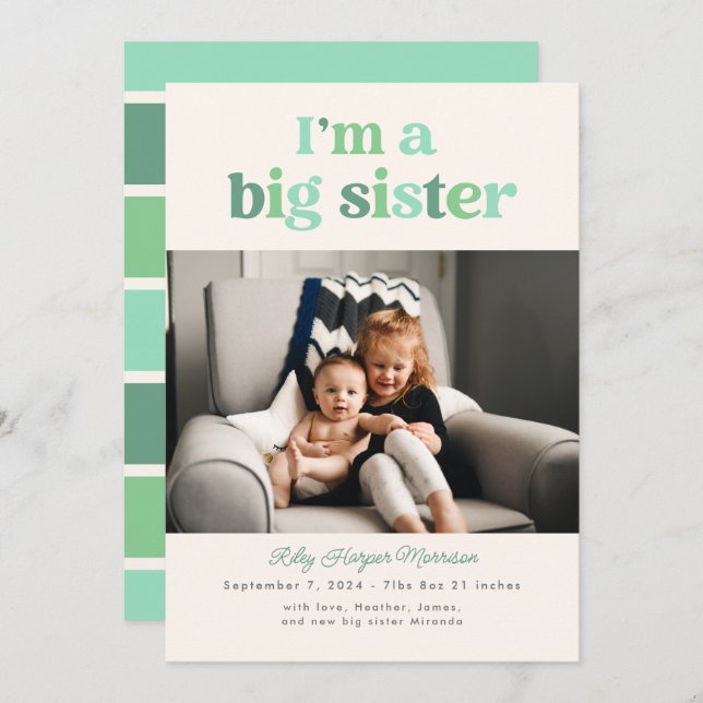 I'm a Big Sister (Green) Flat Announcement Card (Front/Back)
