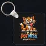 I'm a Hot Mess Key Ring<br><div class="desc">A wildly expressive and hilarious illustration of a wide-eyed drooling ginger cat in a state of complete chaotic dishevelment,  paired with bold fiery typography that perfectly captures the lovably unhinged energy of the ultimate hot mess.</div>