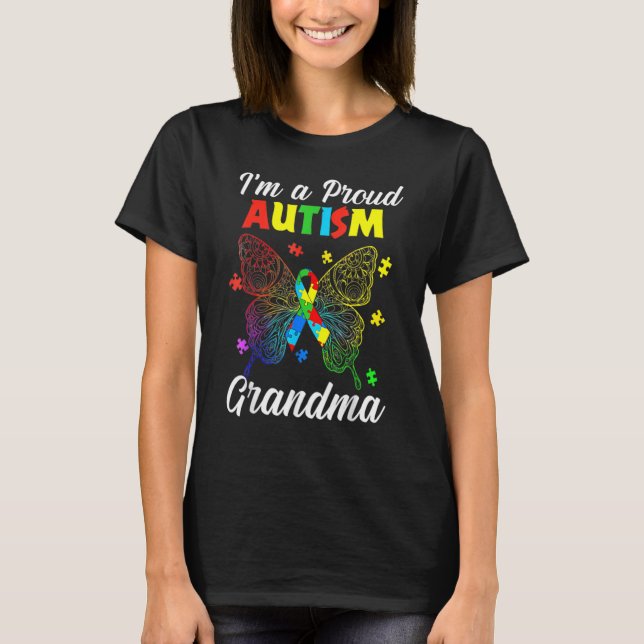 I'm A Proud Autism Grandma Puzzle Ribbon Butterfly T-Shirt (Front)
