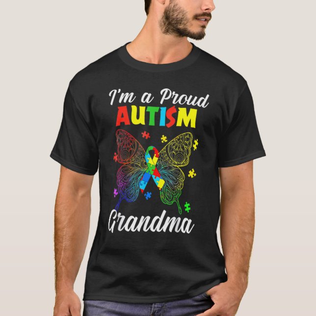 I'm A Proud Autism Grandma Puzzle Ribbon Butterfly T-Shirt (Front)
