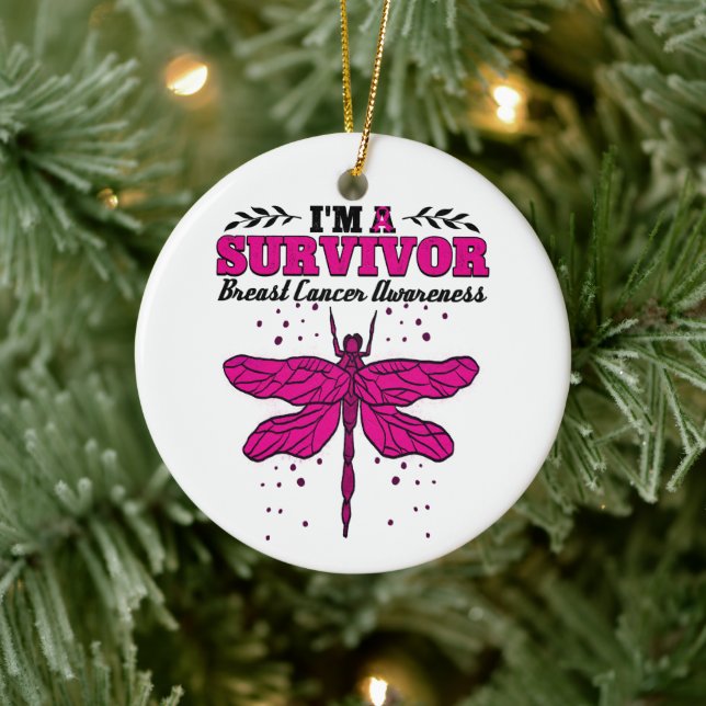 I'm A Survivor Dragonfly Breast Cancer Awareness Ceramic Ornament (Tree)