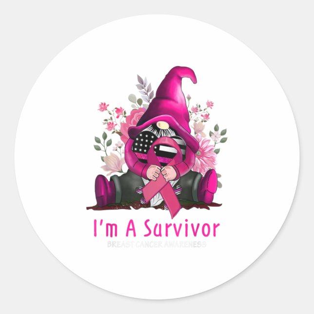 Im A Survivor Gnome Pink Ribbon Breast Cancer A Classic Round Sticker (Front)