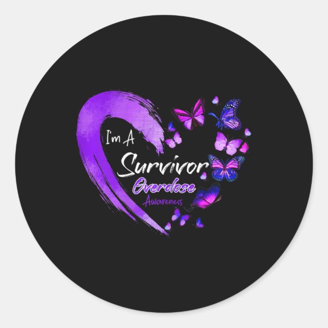 I'm A Survivor Overdose Awareness Purple Butterfly Classic Round Sticker (Front)