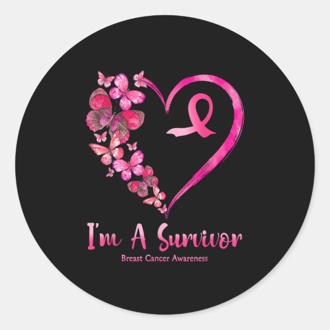 I'm A Survivor Pink Heart Butterflies Breast Cance Classic Round Sticker (Front)