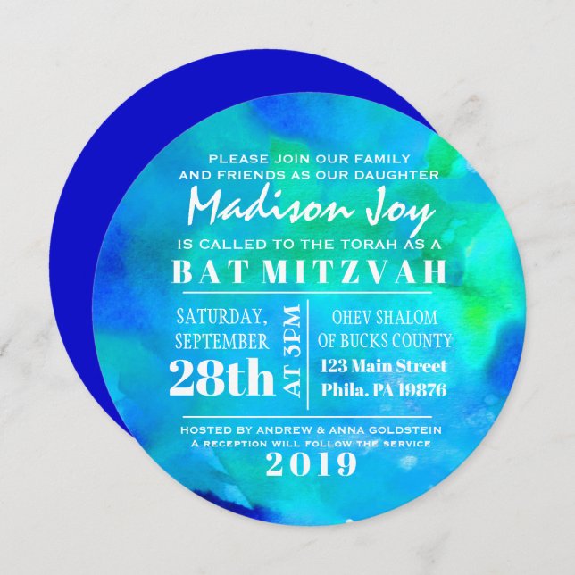 I'M AQUA WATERCOLOR Round Bat Mitzvah Invitation (Front/Back)