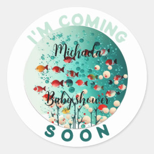 I'm coming Soon Fun Green Cherry Fish Baby Shower Classic Round Sticker