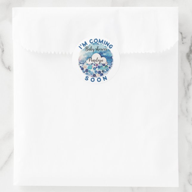 I'm coming Soon Funny Blue Fruit Cloud Baby Shower Classic Round Sticker (Bag)