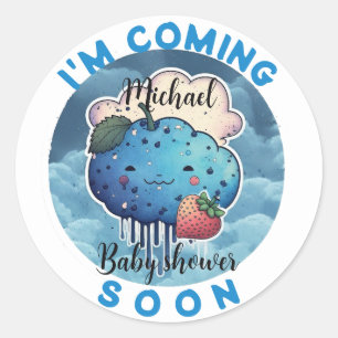 I'm coming Soon Funny Blue Strawberry Baby Shower Classic Round Sticker