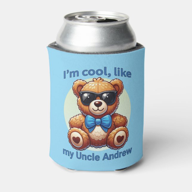 I'm Cool Teddy Bear with Blue Bow Customisable Can Cooler (Can Back)