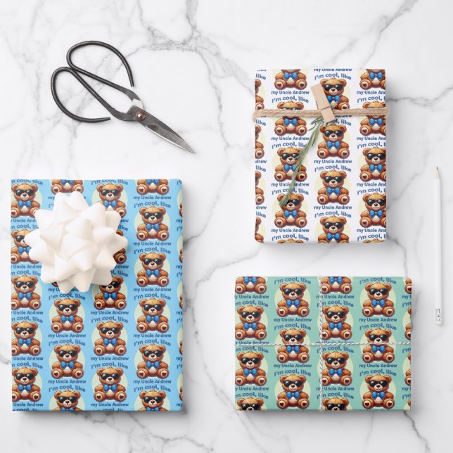 I'm Cool Teddy Bear with Blue Bow Customisable Wrapping Paper Sheet (Front)