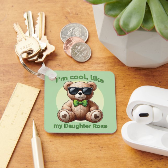 I'm Cool Teddy Bear with Green Bow Customisable Key Ring (Desk)