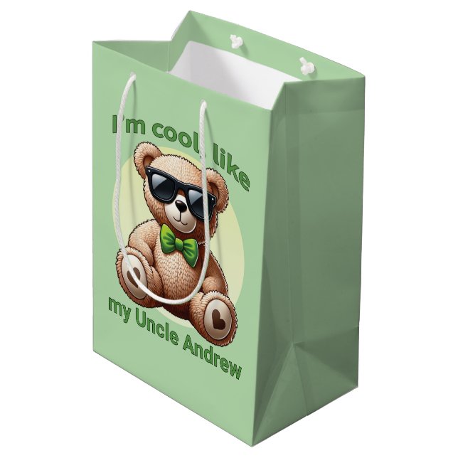 I'm Cool Teddy Bear with Green Bow Customisable Medium Gift Bag (Back Angled)