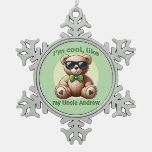 I'm Cool Teddy Bear with Green Bow Customisable Snowflake Pewter Christmas Ornament