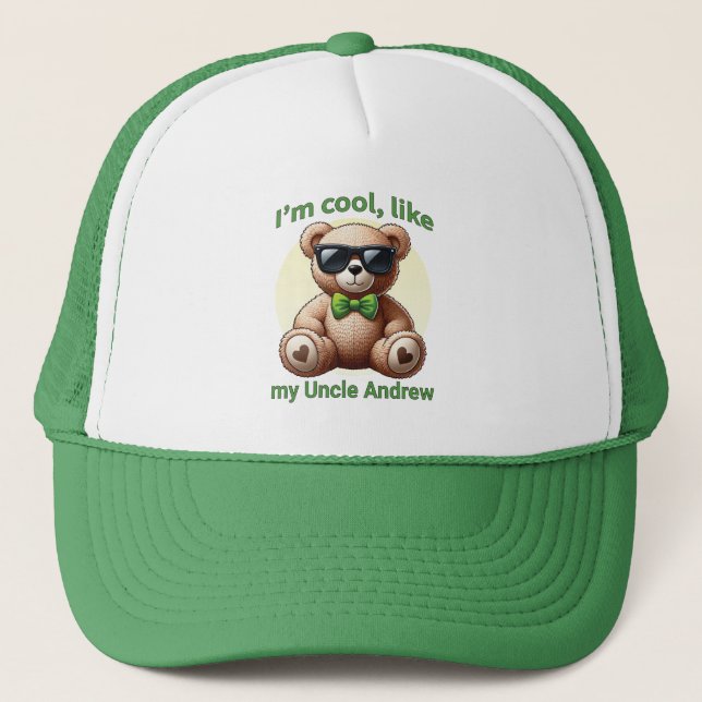 I'm Cool Teddy Bear with Green Bow Customisable Trucker Hat (Front)