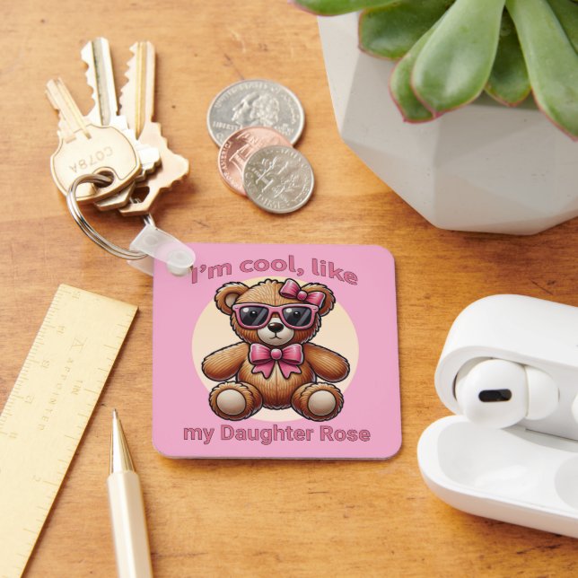 I'm Cool Teddy Bear with Pink Bow Customisable Key Ring (Desk)