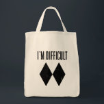 I'm Difficult Skiing Black Diamonds Ski Slopes Gag Tote Bag<br><div class="desc">This eye-catching novelty tote bag is a must-have for any skiing enthusiast who isn't afraid to show their passion. The bold "I'm Difficult" slogan paired with the iconic double diamond symbol is sure to turn heads on and off the slopes.</div>