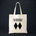 I'm Difficult Skiing Double Diamond Slopes Gag Tote Bag<br><div class="desc">This eye-catching novelty tote bag is a must-have for any skiing enthusiast who isn't afraid to show their passion. The bold "I'm Difficult" slogan paired with the iconic double diamond symbol is sure to turn heads on and off the slopes. Whether you're conquering challenging terrain or simply relaxing après-ski, this...</div>