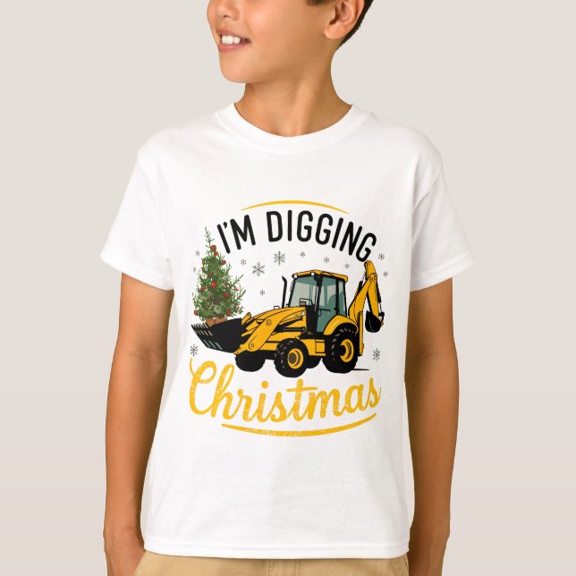I'm Digging Christmas Cute Excavator Tree Kids T-Shirt (Front)