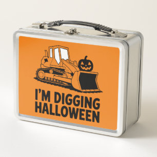 I'm Digging Halloween Pumpkin Face Tractor Kids Metal Lunch Box