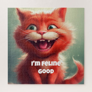 "I'm Feline Good" Cute Red Cat Jigsaw Puzzle