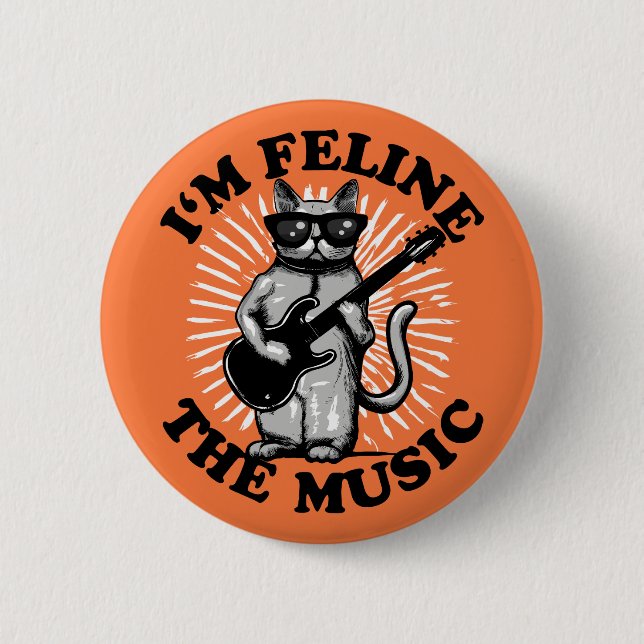 I'm Feline The Music | Guitar Player Cat 6 Cm Round Badge (Front)