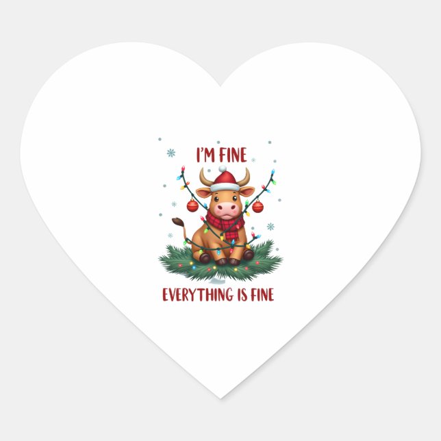 I'm Fine Everything is Fine Christmas Highland Cow Heart Sticker (Front)