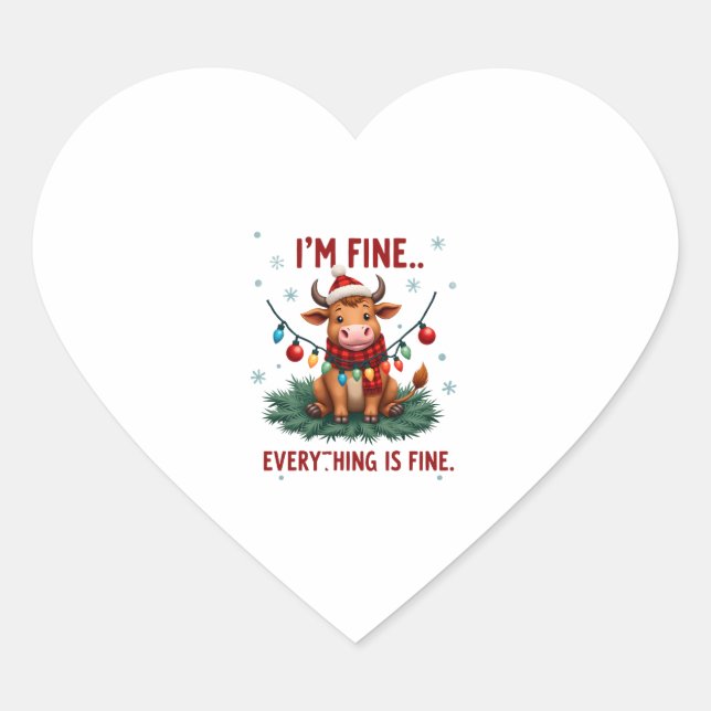 I'm Fine Everything is Fine Christmas Highland Cow Heart Sticker (Front)