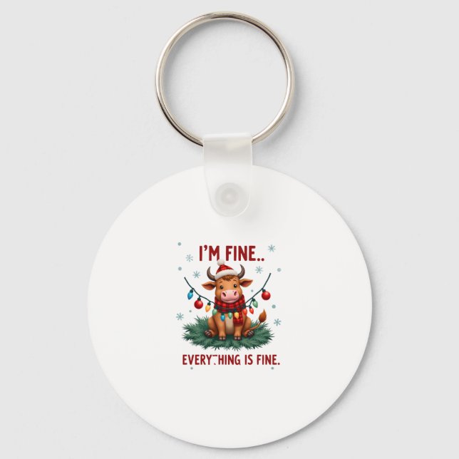 I'm Fine Everything is Fine Christmas Highland Cow Key Ring (Front)