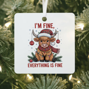 I'm Fine Everything is Fine Christmas Highland Cow Metal Tree Decoration