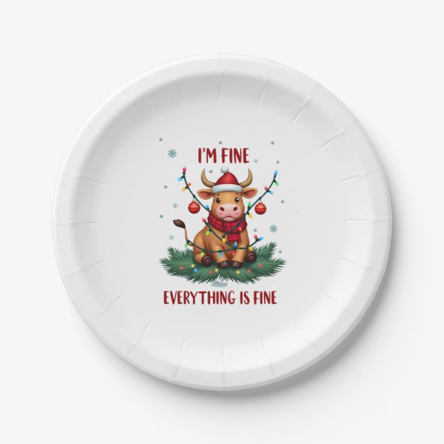 I'm Fine Everything is Fine Christmas Highland Cow Paper Plate (Front)