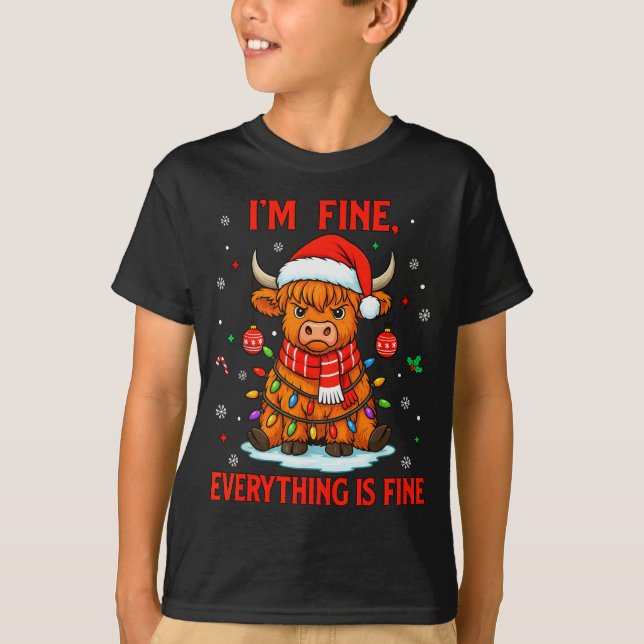 I'm Fine Everything Is Fine Christmas Highland Cow T-Shirt (Front)