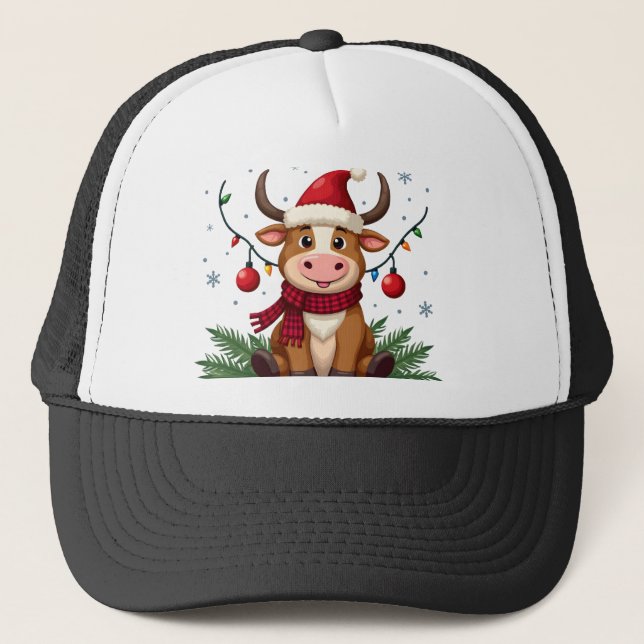 I'm Fine Everything is Fine Christmas Highland Cow Trucker Hat (Front)