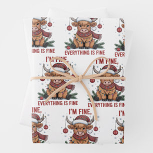 I'm Fine Everything is Fine Christmas Highland Cow Wrapping Paper Sheet