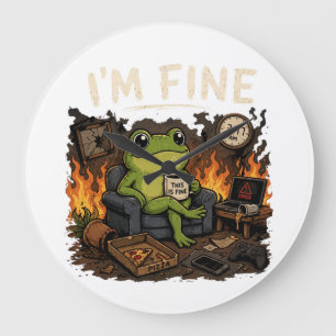 I'm Fine Frog This Is Fine Meme Art Large Clock