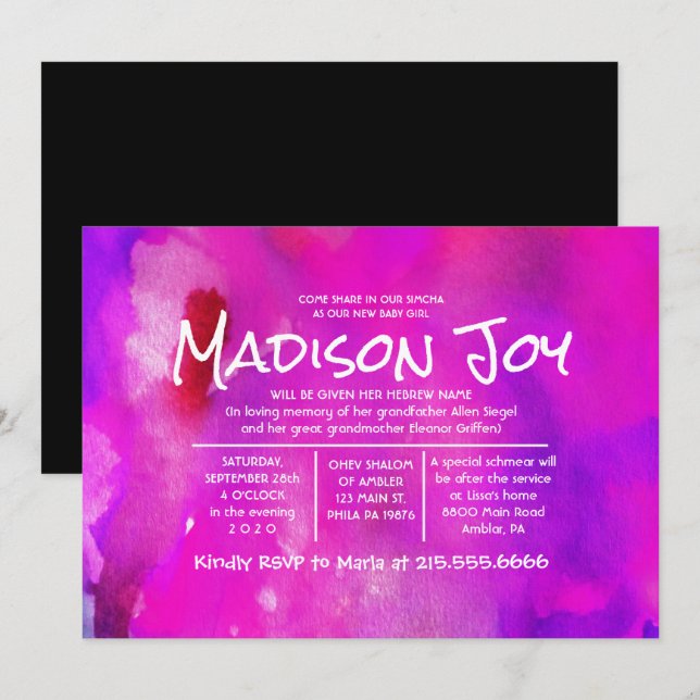 I'M FUSHIA WATERCOLOR  Jewish Baby Naming Invitation (Front/Back)