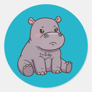 "I'm fussy." Cartoon, Cute Pouting Hippo Classic Round Sticker