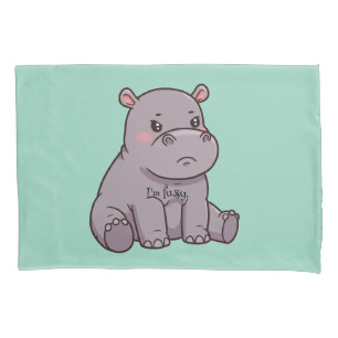 "I'm fussy." Cartoon, Cute Pouting Hippo Pillowcase