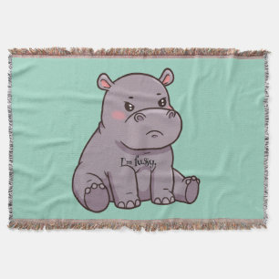 "I'm fussy." Cartoon, Cute Pouting Hippo Throw Blanket