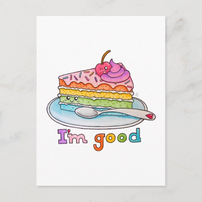 I'm Good, Kawaii Cartoon Rainbow Cake Postcard (Front)