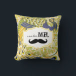 I'm Her Mr. Yellow Purple Moustache Peacock Pillow<br><div class="desc">Bistro Style Aesthetic Moustache Lemon Zest and Purple Lavender Vintage Floral Country Chic Swirly Peacock I am Her Mr. You can Personalise this Beautiful Elegant Vintage Elements Purple, Yellow Green and Black Peacock Pillow to say anything you like or use the existing Mr. for the Groom/Husband or Buy two one...</div>