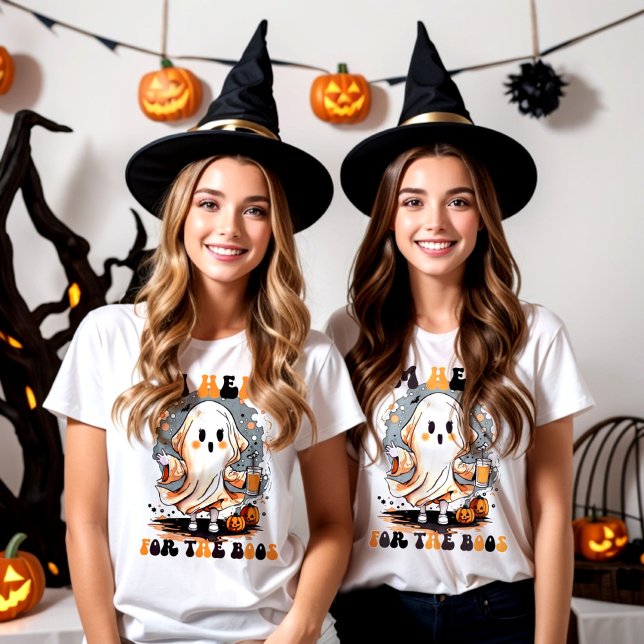I'm Here For The Boos T-Shirt (two girls celebrating halloween with a ghost design t-shirt saying i'm here for the boos)