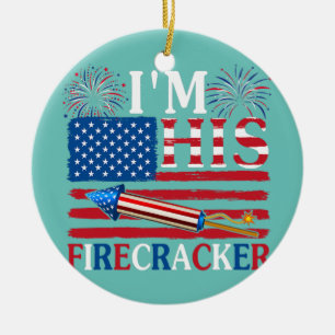 I'm His Firecracker American Flag Fireworks Ceramic Ornament