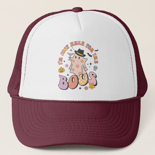 I'm just here for the Boos, Retro Groovy Halloween Trucker Hat (Front)
