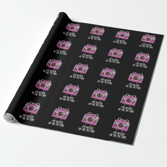 I'm Never In The Picture Funny Camera Pun Dark BG Wrapping Paper (Unrolled)