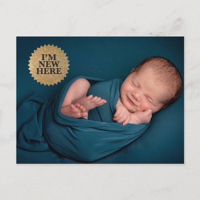 I'm New Here Modern Gold seal Custom baby photo Postcard (Front)