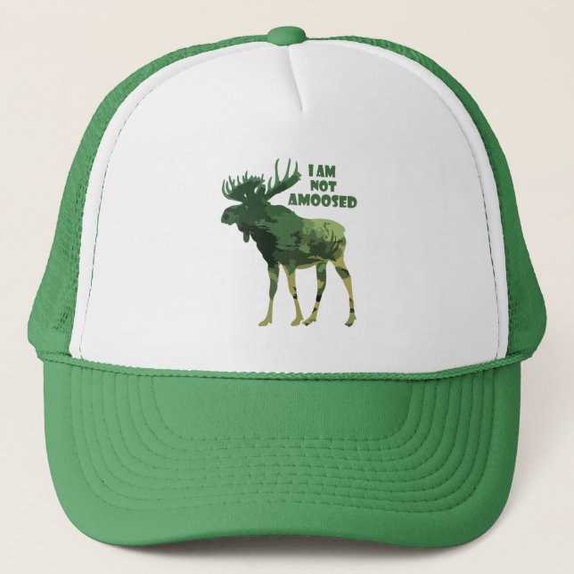 I'm Not Amoosed Fun Quote Camo Moose Animal Trucker Hat (Front)