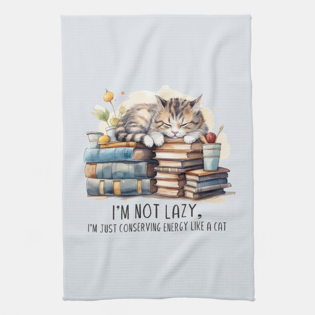 I'm Not Lazy Cute Cat Tea Towel (Vertical)